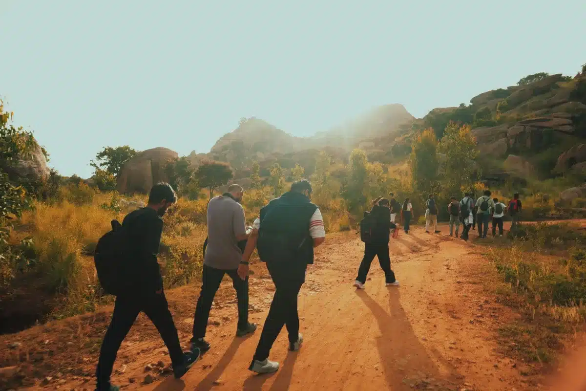 Un groupe en balade guidée dans la nature, explorant ensemble un sentier boisé