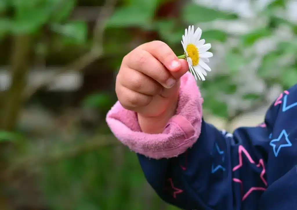 Un enfant en bas âge tend sa main vers celle d'un professionnel de crèche dans un environnement accueillant
