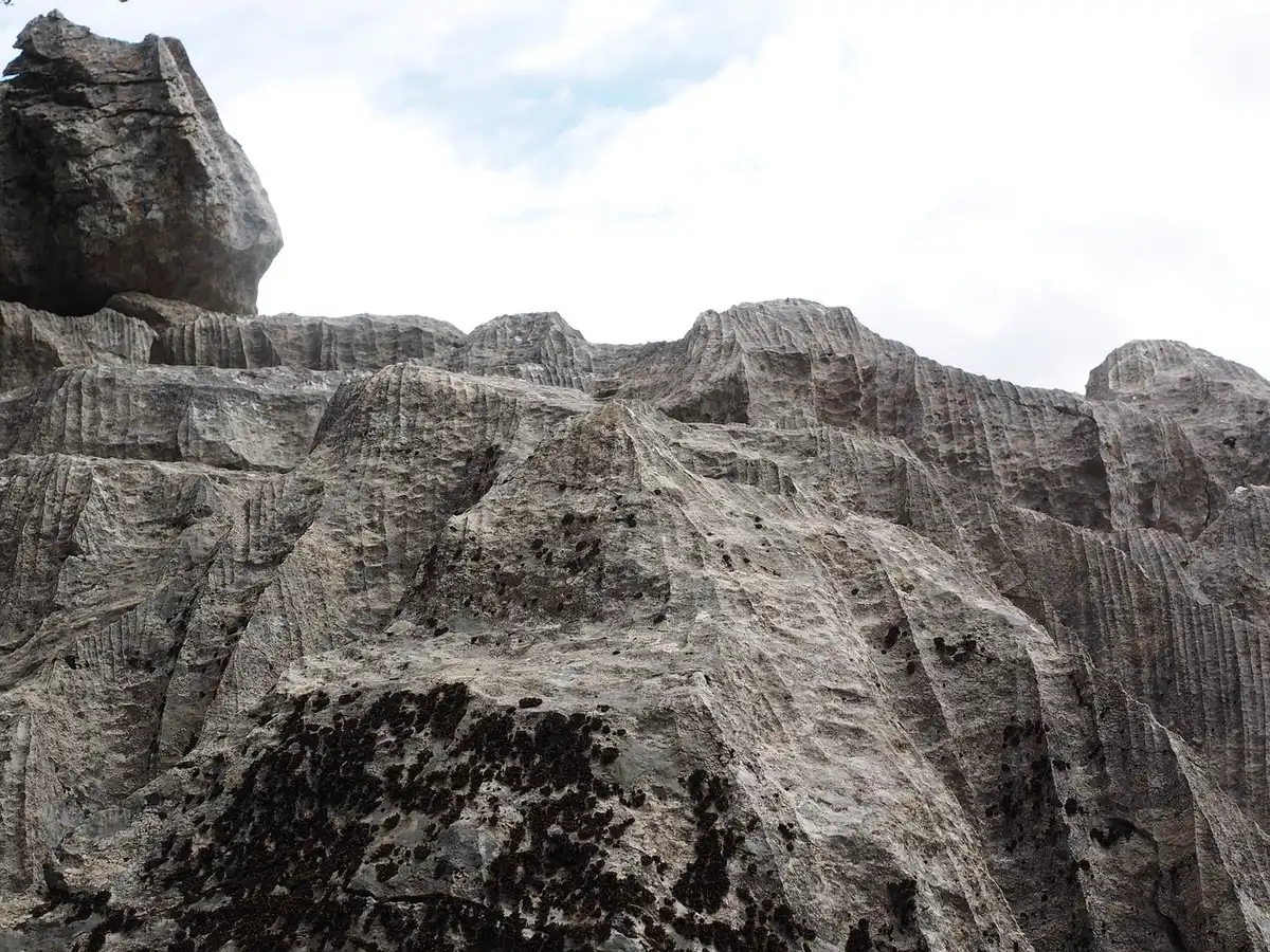 Colonnes de calcaire et falaises vues depuis la côte montrant l'érosion