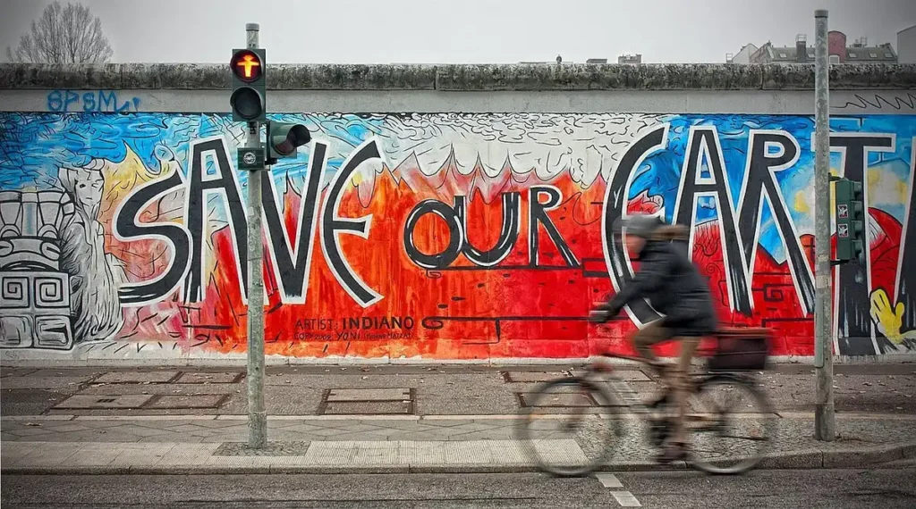 Rue de Melbourne avec café en terrasse et fresques murales en pleine journée
